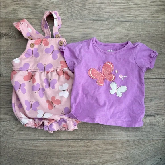 Pekkle Baby Girl Butterfly Overall Set 6M Pink Summer Outfit Matching - Picture 2 of 4